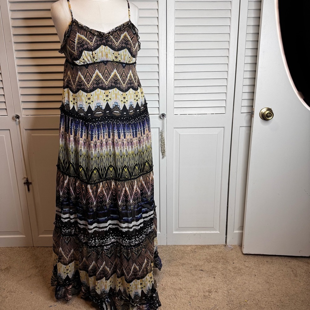 PATRONS OF PEACE LARGE MAXI DRESS BOHO HIPPIE PEASANT TIERED ADJUSTABLE STRAPS